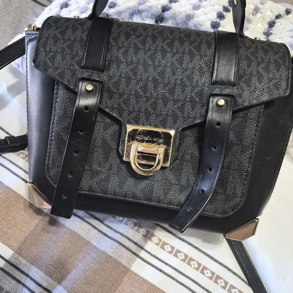 Michael Kors Black Signature Leather Satchel with Gold Hardware